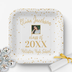 Grad Photo Gold Confetti Graduation Party White  Paper Plate