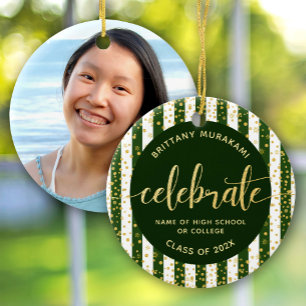 Grad Photo Green Gold Glitter Script Keepsake Chic Ceramic Tree Decoration