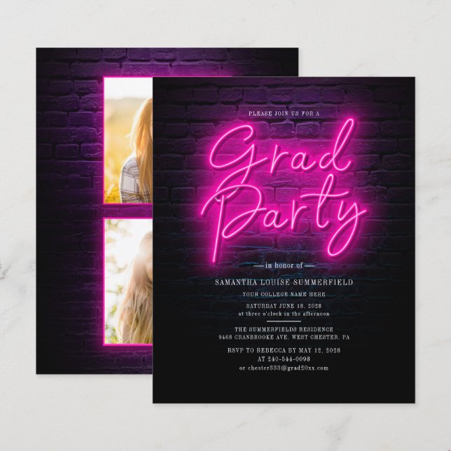 Grad Photo Neon Graduation Party Invitation (Front/Back)