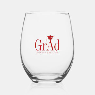 Grad: Red Typography Name Graduation Hat Stemles Stemless Wine Glass
