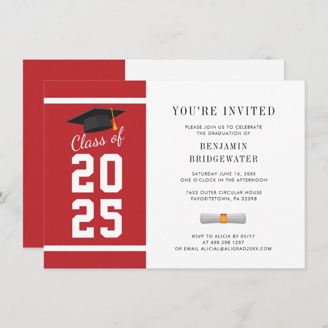Grad Red White Graduation 2025 Invitation (Front/Back)