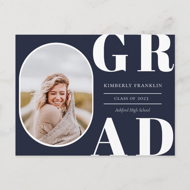 GRAD Rounded Photo Frame Graduation Invitation Postcard (Front)