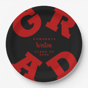 GRAD Scarlet Red on Black Custom Graduation Paper Plate