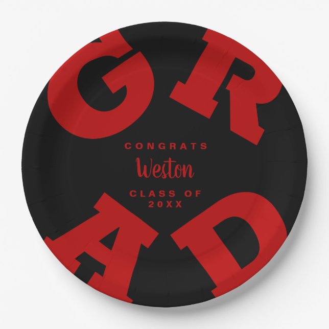 GRAD Scarlet Red on Black Custom Graduation Paper Plate (Front)