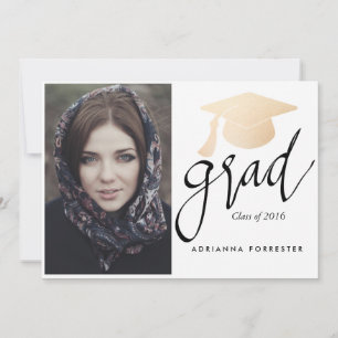Grad Script Rose Gold Foil Graduation Hat Photo Invitation