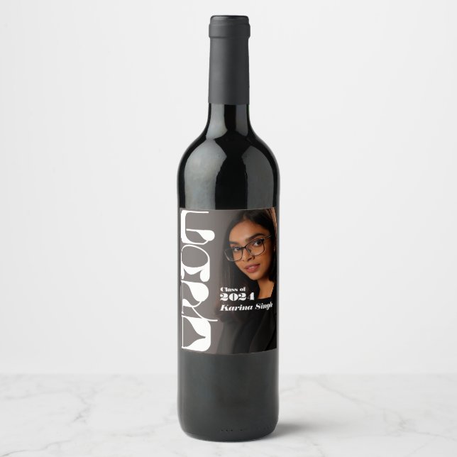 GRAD! Simple Modern Photo Graduation Wine Label (Front)