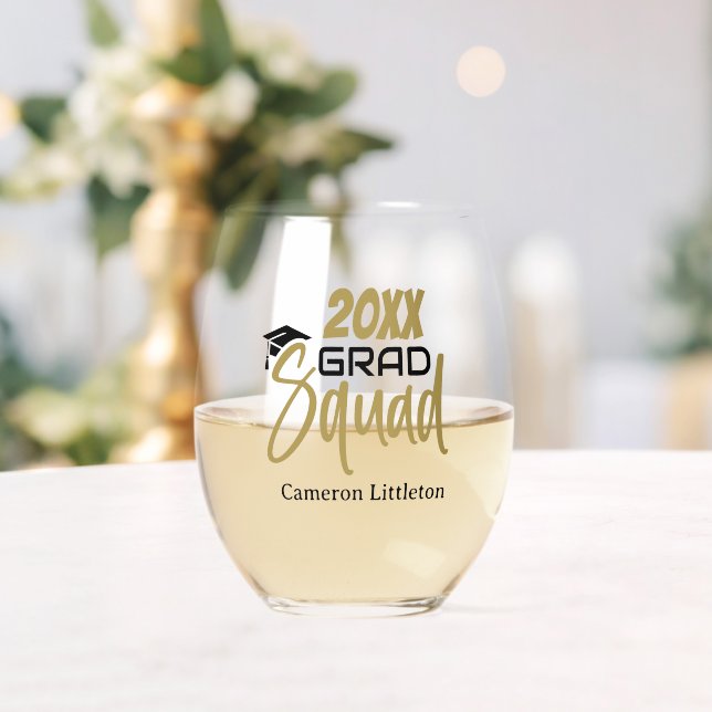 Grad Squad 2024 Gold Black Stemless Wine Glass (Insitu (Wedding))