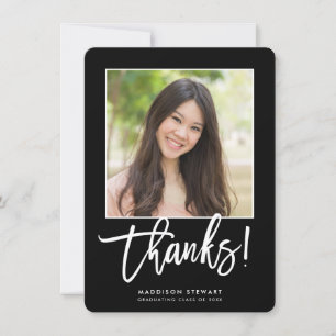 GRAD THANKS chic photo simple calligraphy black Thank You Card