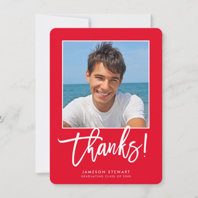GRAD THANKS minimal modern photo simple red Thank You Card (Front)