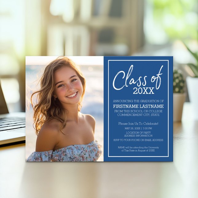 Grad Trendy Graduation Photo Announce - Blue Party Invitation (Modern Graduation Announcement and Party Invitation)