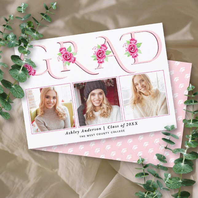 GRAD typography pink roses floral photo graduation Announcement (Creator Uploaded)