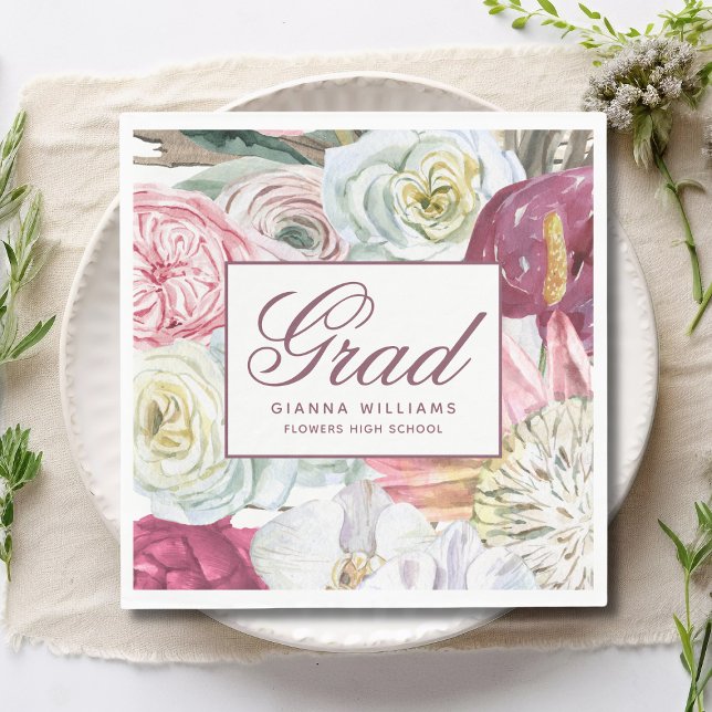 Grad Watercolor Floral Elegant Modern Graduation Napkin (Creator Uploaded)