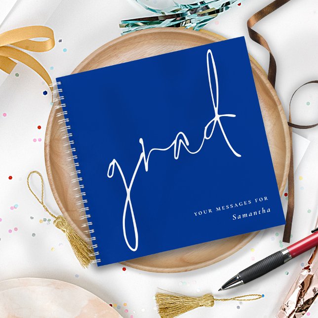 Grad White Script Blue Graduation Guest Book (Creator Uploaded)
