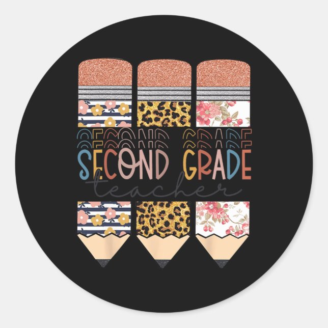 Grade Teacher Leopard Pencil First Day Of School  Classic Round Sticker (Front)