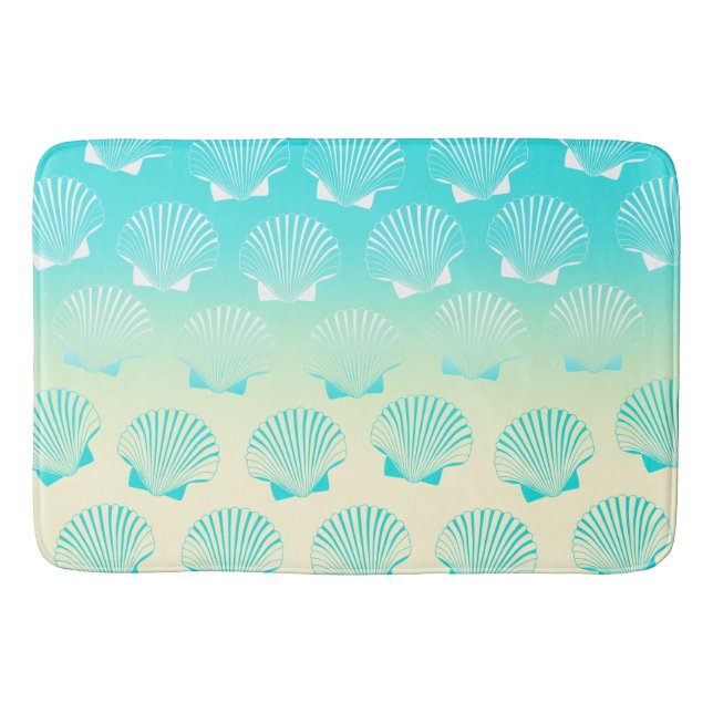 Gradient aqua blue and yellow seashell pattern bath mat (Front)