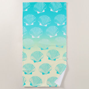 Gradient aqua blue and yellow seashell pattern beach towel