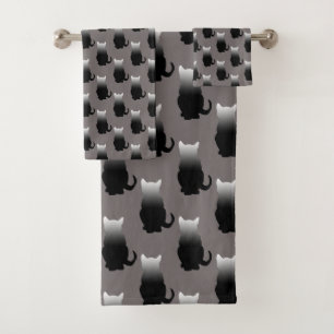 GRADIENT BLACK & WHITE CAT MOTIF IN CHARCOAL GRAY BATH TOWEL SET