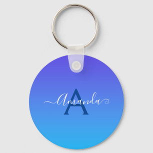 Gradient Blue elegant Monogram and name Key Ring