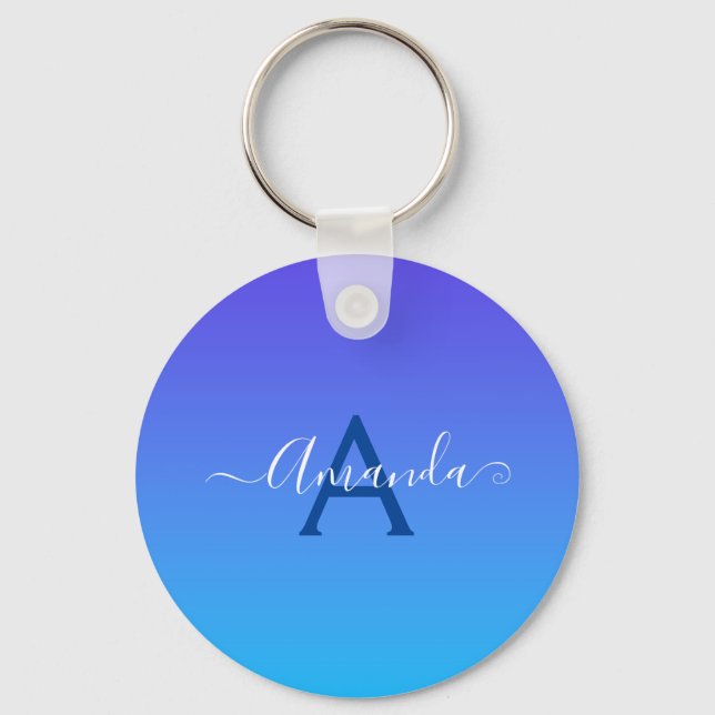 Gradient Blue elegant Monogram and name Key Ring (Front)