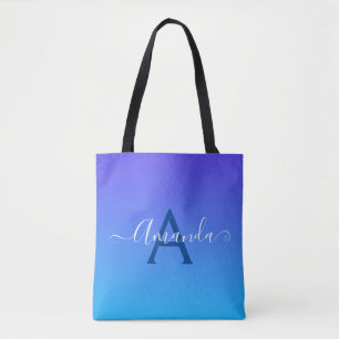 Gradient Blue elegant Monogram and name Tote Bag