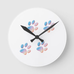 Gradient Blue Pink and Yellow Paw Prints Round Clock