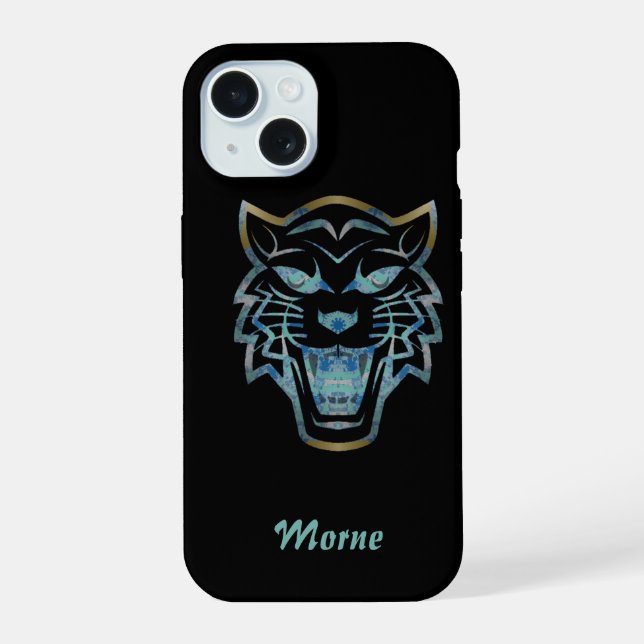 Gradient blue tiger silhouette monogram iPhone 15 case (Back)