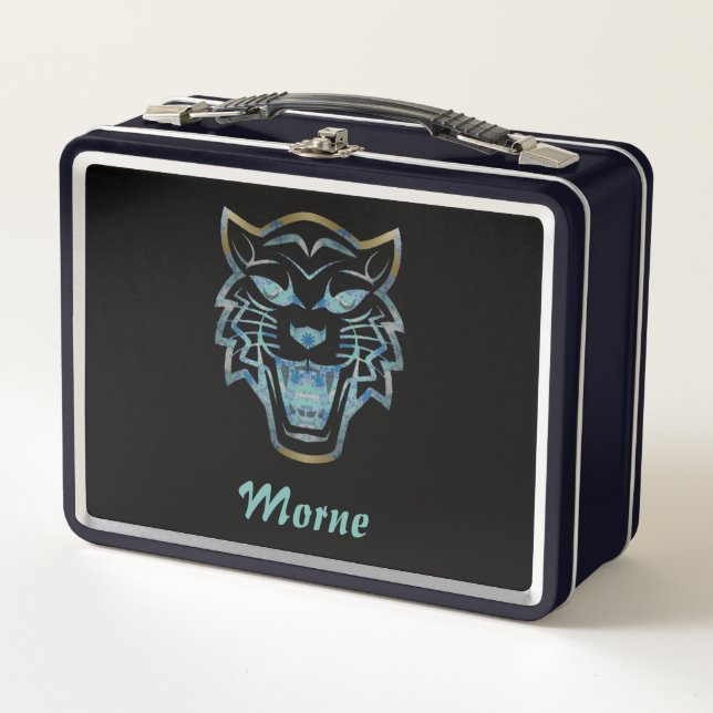 Gradient blue tiger silhouette monogram metal lunch box (Front)