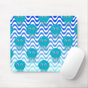 Gradient Blue Waves And Jellyfish Pattern Mouse Mat