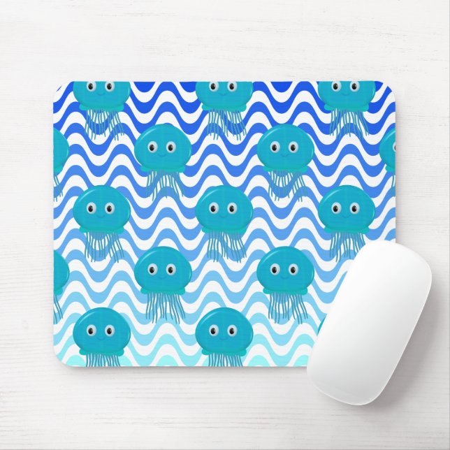 Gradient Blue Waves And Jellyfish Pattern Mouse Mat (With Mouse)