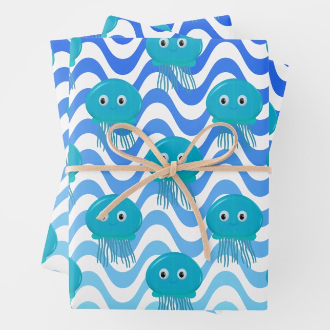 Gradient Blue Waves And Jellyfish Pattern Wrapping Paper Sheet (In situ)