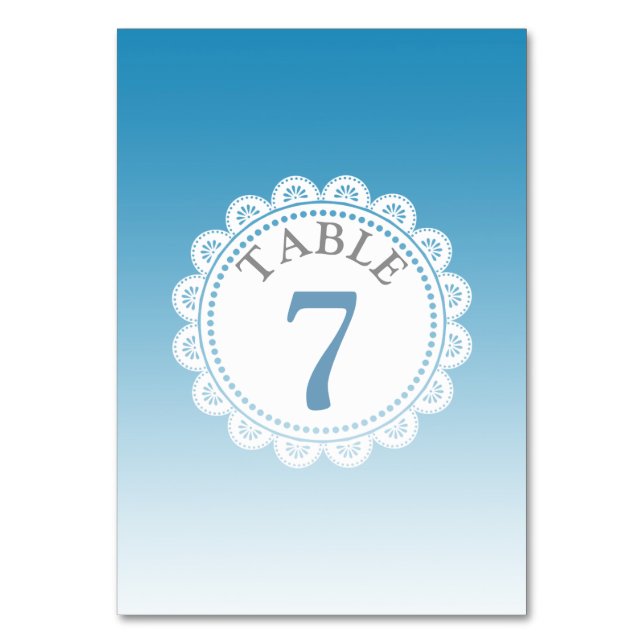 Gradient Blue Wedding Table Number Card (Front)