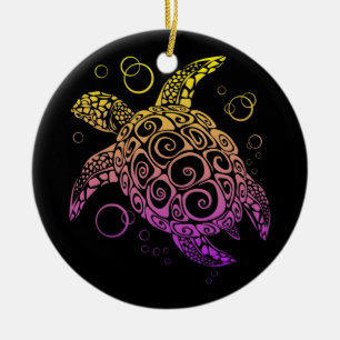Gradient Colour Sea Turtle Drawing, Sea Turtle Ceramic Tree Decoration