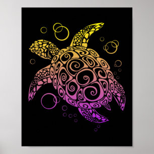 Gradient Colour Sea Turtle Drawing, Sea Turtle Poster