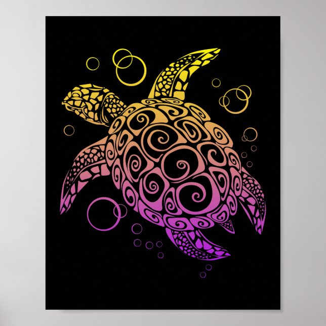 Gradient Colour Sea Turtle Drawing, Sea Turtle Poster (Front)