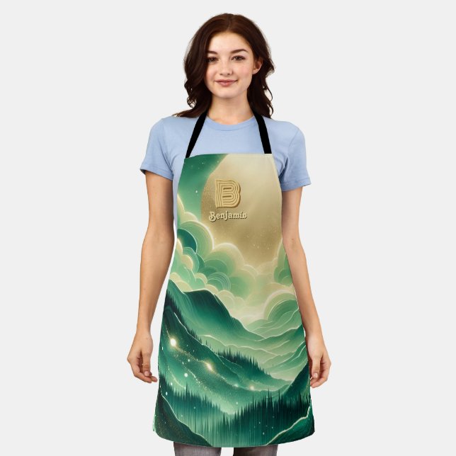 Gradient Emerald Kelly Green Glitter Monogrammed Apron (Worn)