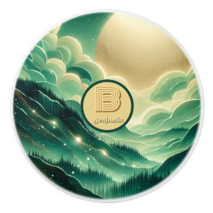 Gradient Emerald Kelly Green Glitter Monogrammed Ceramic Knob