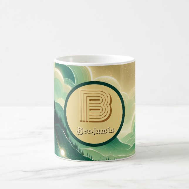 Gradient Emerald Kelly Green Glitter Monogrammed Coffee Mug (Center)