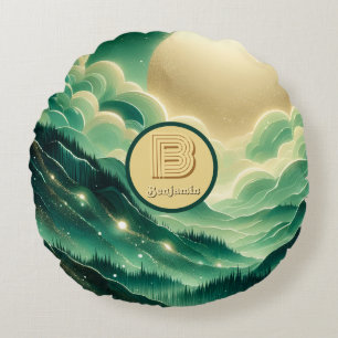 Gradient Emerald Kelly Green Glitter Monogrammed Round Cushion