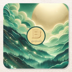 Gradient Emerald Kelly Green Glitter Monogrammed Square Paper Coaster