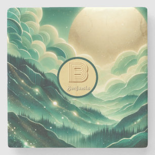 Gradient Emerald Kelly Green Glitter Monogrammed Stone Coaster