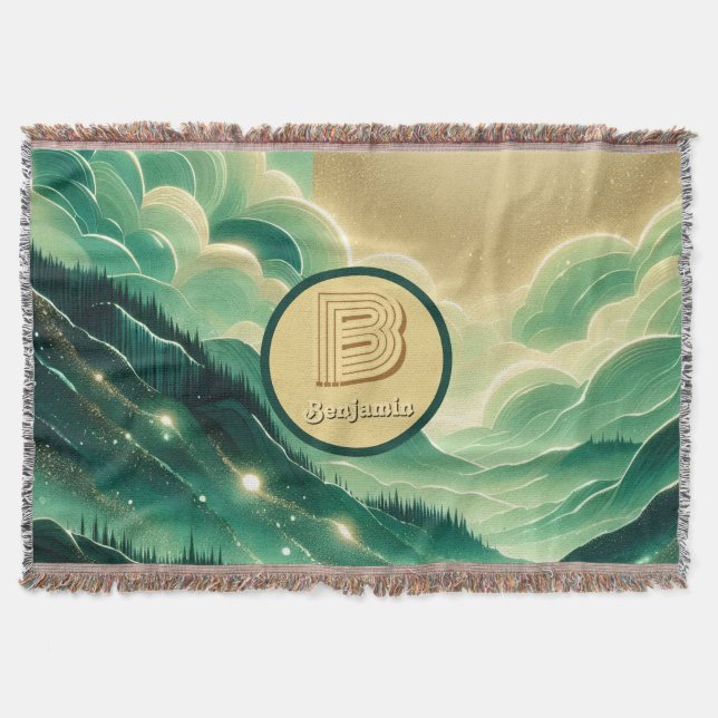 Gradient Emerald Kelly Green Glitter Monogrammed Throw Blanket (Front)