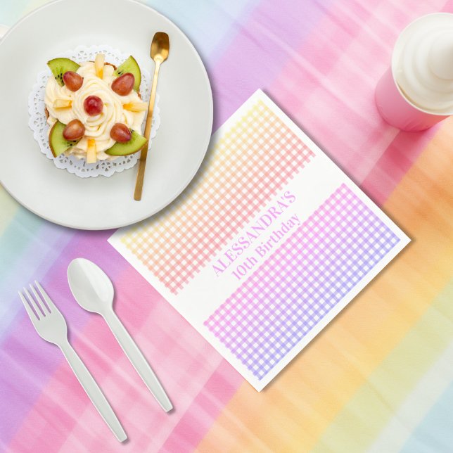 Gradient Gingham Pink Yellow Pastel Birthday Napkin (Creator Uploaded)