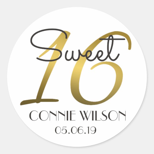 Gradient Gold 16 Personalised Sweet 16 Birthday Classic Round Sticker (Front)