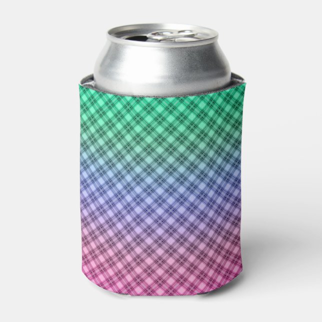 Gradient grid chequered plaid tartan pattern pink can cooler (Can Front)