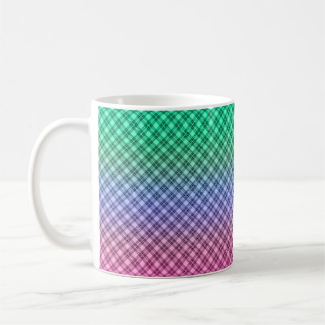 Gradient grid chequered plaid tartan pattern pink coffee mug (Left)
