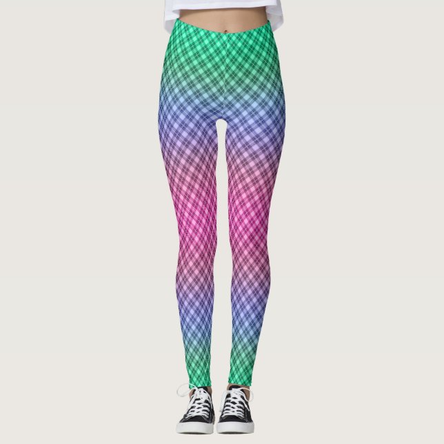 Gradient grid chequered plaid tartan pattern pink  leggings (Front)