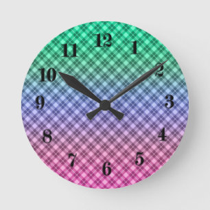 Gradient grid chequered plaid tartan pattern pink round clock
