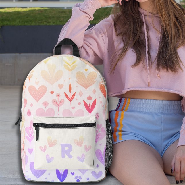 Gradient Hearts Pattern Personalised Monogram  Printed Backpack (Gradient Hearts Pattern Personalized Monogram Printed Backpack)