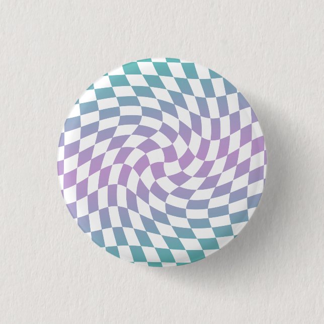 Gradient Ombre Blue Lilac Warped Check Chequered 3 Cm Round Badge (Front)