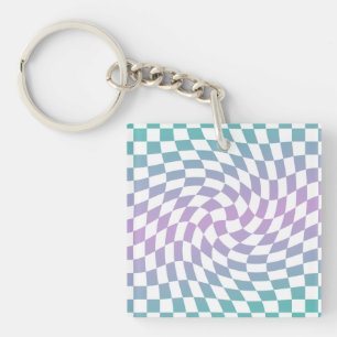 Gradient Ombre Blue Lilac Warped Check Chequered Key Ring